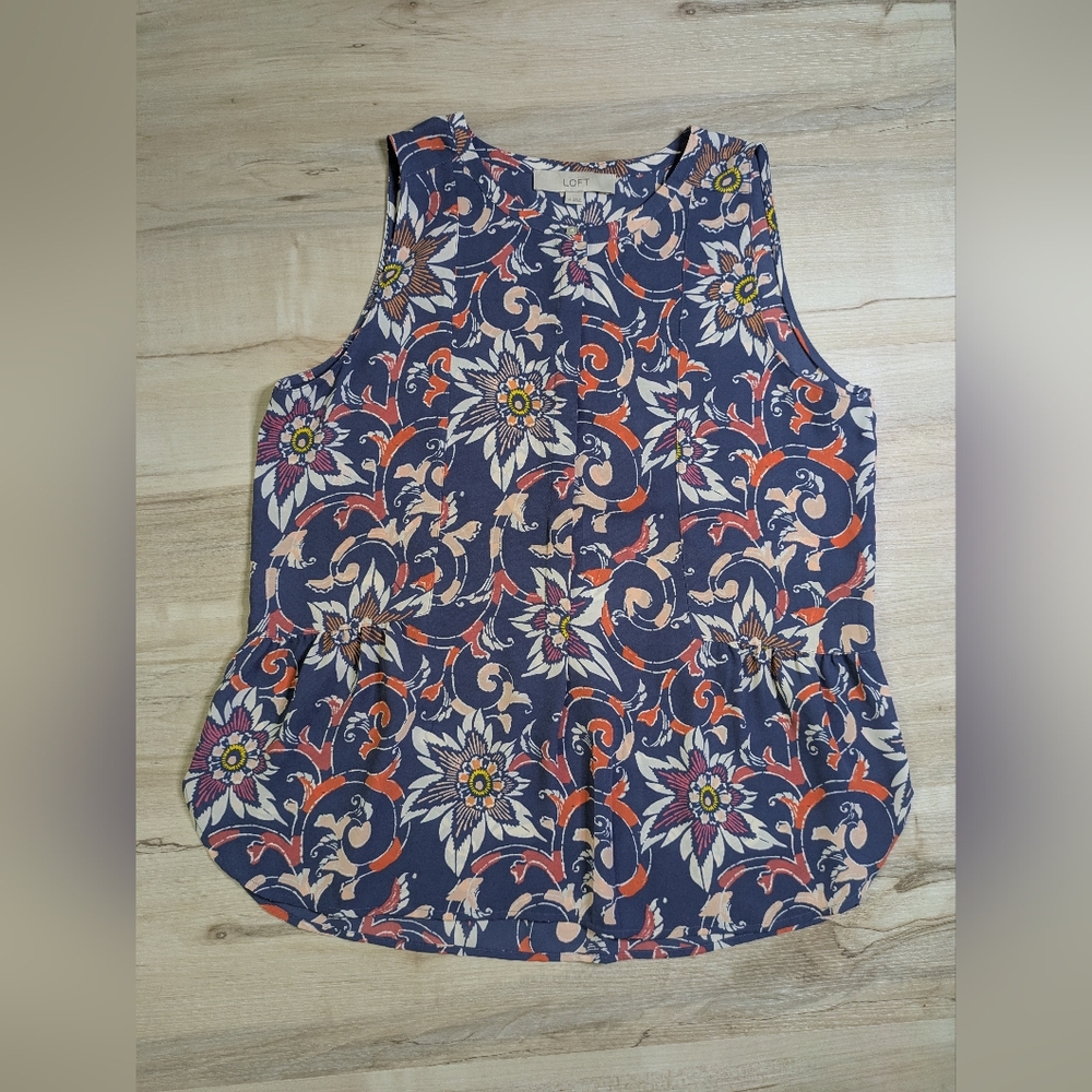 Ann Taylor LOFT Summer Button Front Peplum Style Blue & Orange Floral Top Medium